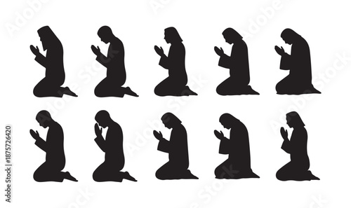 Islamic Prayer Silhouette Sequence set, Muslim prayer, islamic namaz, Postures. vector illustration eps 10