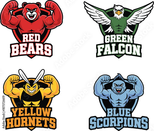 Mascot Collection Red Bears, Green Falcons, Yellow Hornets, Blue Scorpions