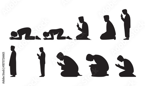 Islamic Prayer Silhouette Sequence set, Muslim prayer, islamic namaz, Postures. vector illustration eps 10