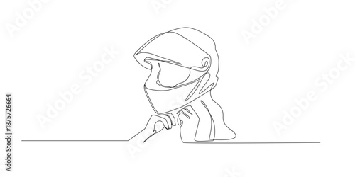 Hand drawn continuous line of a woman wearing a motorcycle helmet while fastening the strap.Single line artwork created for safety awareness, lifestyle riding, and modern transportation concepts.