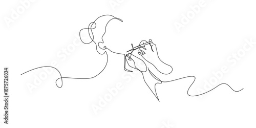 Minimal continuous line illustration of a woman injecting beauty serum, representing aesthetic treatment, skincare routine, luxury self-care, and modern beauty concept.