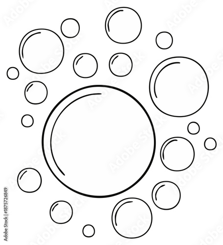 Clean line art illustration of many assorted bubbles floating and scattering graphic design element