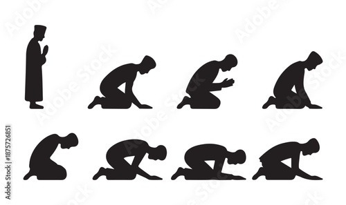 Muslim Prayer Silhouettes Collection set, Islamic Namaz Postures icon, vector illustration eps 10