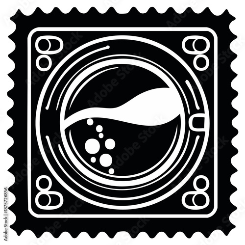 Stylized Washing Machine Drum With Water and Bubbles Inside a Stamp Shape