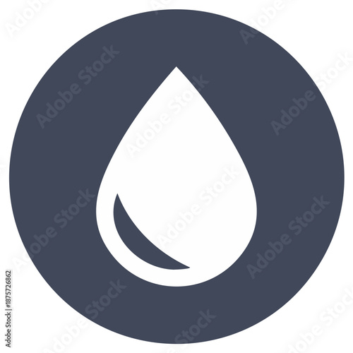 White Water Drop Icon in Gray Circle; Simple Liquid Glyph Symbol; Isolated Clean Water Shape Graphic; Environmentally Friendly Logo Design Element
