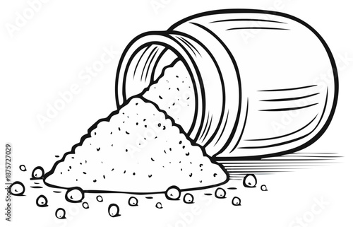 Spilled salt shaker with a pile of salt black and white line art illustration