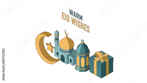 Warm Eid Wishes: A festive illustration shows a mosque, a lantern, a gift box and crescent moon with star, conveying heartfelt greetings.