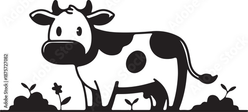Black and white vector illustration of a cute cow and calf on a farm in a simple cartoon style