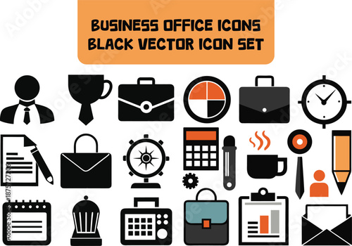 Business Office Icons Black Vector Icon Set