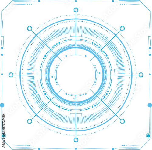 Futuristic blue circular target graphic with concentric rings and crosshairs.