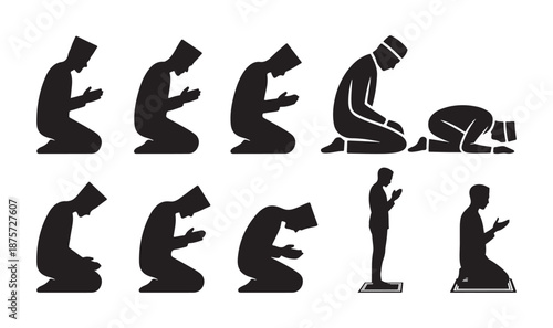 Muslim Prayer Silhouettes Collection set, Islamic Namaz Postures icon, vector illustration eps 10