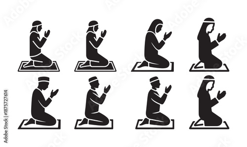 Muslim Prayer Silhouettes Collection set, Islamic Namaz Postures icon, vector illustration eps 10
