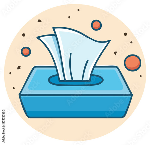 Blue tissue box with white napkins pulled out surrounded by floating dust specks