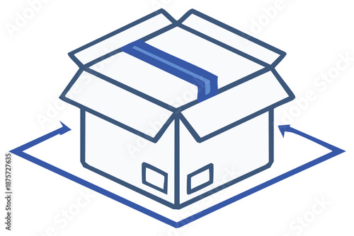 Vector illustration of an open cardboard shipping box with blue measurement lines and interior tape.