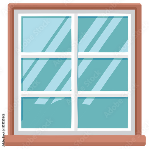 Illustrated house window with brown wooden frame and clear glass panes
