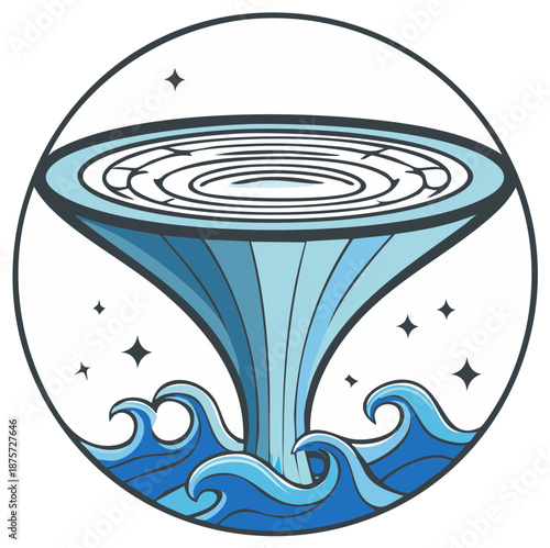 Cosmic maelstrom with a labyrinth pattern drawing water from ocean waves cartoon vector logo