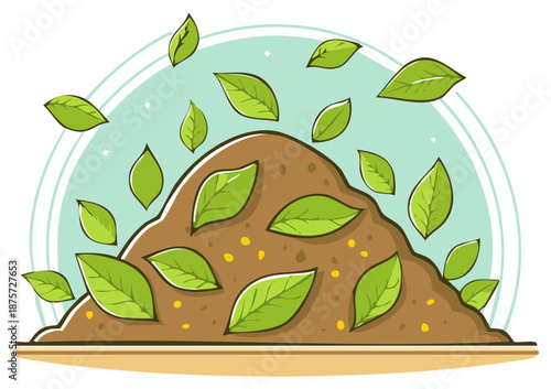 Illustration of soil mound with falling leaves for composting or gardening concept in vibrant green and brown tones