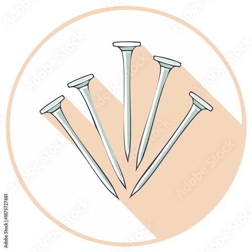 Stylized illustration of silver colored nails against peach colored round backdrop with shadow