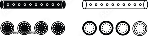 Black and White Vector Illustration of Industrial Metal Pipes and Cylindrical Tubes Featuring Cross Section Views With Detailed Holes for Engineering Construction and Manufacturing Projects