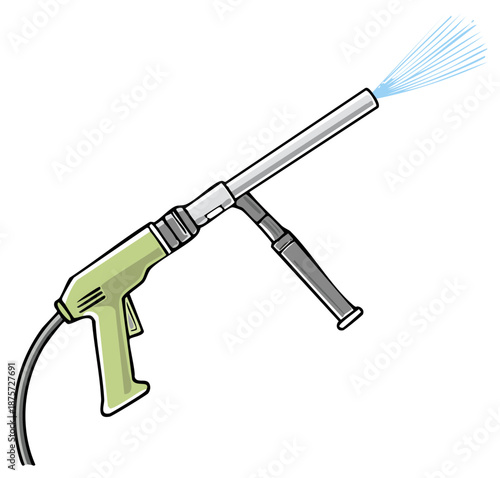 High pressure washer gun spraying water jet from nozzle cartoon illustration