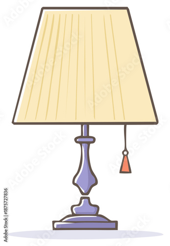 Classic table lamp with pleated fabric shade and decorative pull cord in simple flat illustration style