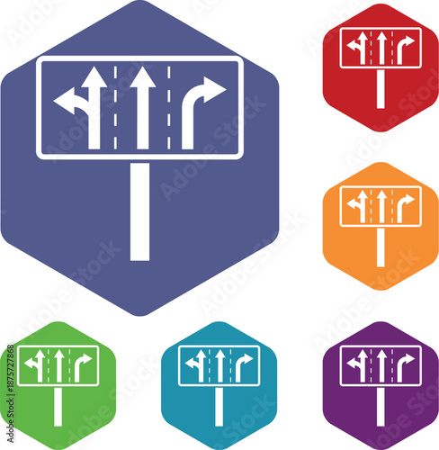 Traffic lanes at crossroads junction icons set
