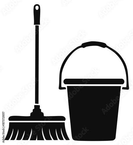 Simple black icon showing a classic broom and a bucket for general cleaning tasks