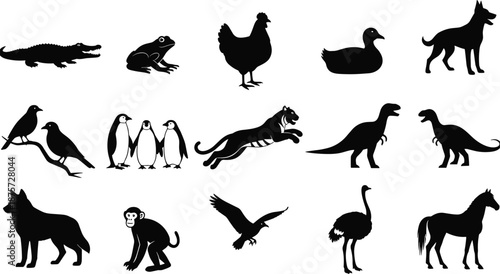 Black Vector Silhouette Set of Various Animals and Birds Including Crocodile Frog Chicken Duck Dog Tiger Dinosaur Penguin Wolf Monkey Eagle and Horse