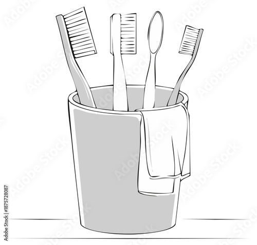 Set of toothbrushes and dental mirror in holder with towel, clean hygiene concept illustration