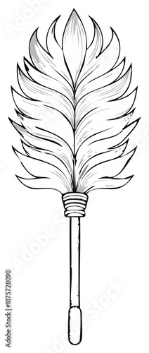 Hand drawn black and white illustration of a classic feather duster cleaning tool