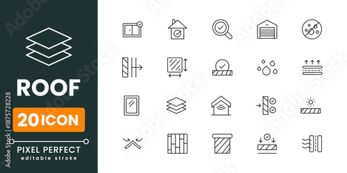 Roof and house icons collection, construction and real estate symbols, flat vector roofing icons for web apps and UI design
