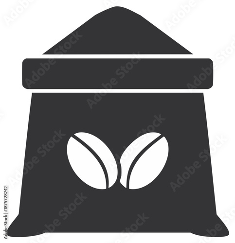 Simple glyph icon of a coffee sack with a coffee bean logo vector graphic
