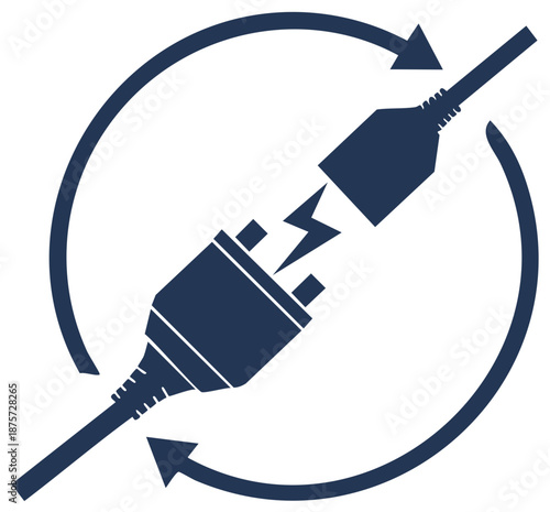 Electrical plug and socket connection icon with lightning bolt and rotating arrows energy concept