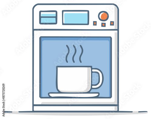 Coffee machine cartoon illustration with mug and steam. Modern, kitchen appliance