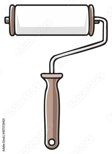 Cartoon paint roller with brown handle and white roller for painting walls and ceilings