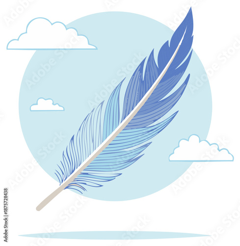 Floating feather illustration with clouds in sky