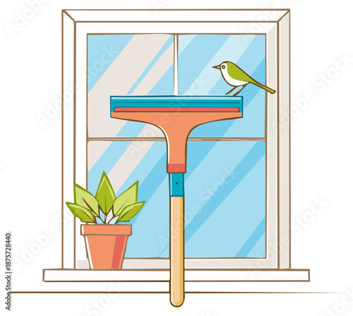 Cleaning Window Glass with Squeegee, Houseplant on Sill and a Bird on Window Frame