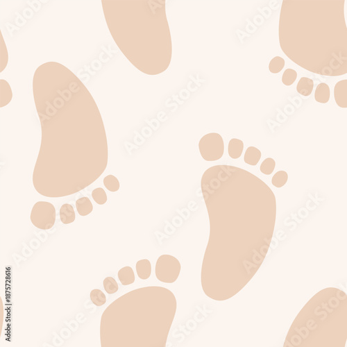 Baby feet seamless pattern. Baby footprint in neutral beige color on white background. Vector illustration.