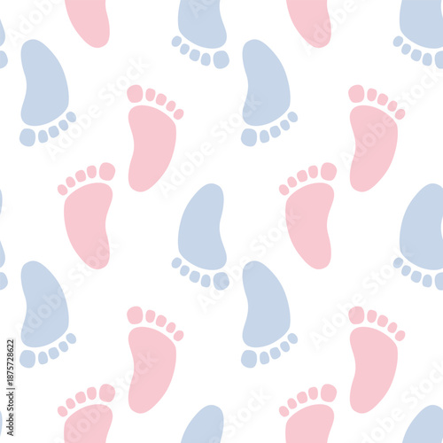 Gender Party Baby Footprint Seamless Pattern. Boy or Girl Reveal, Pink and Blue Vector Background. Nursery Cute Backdrop