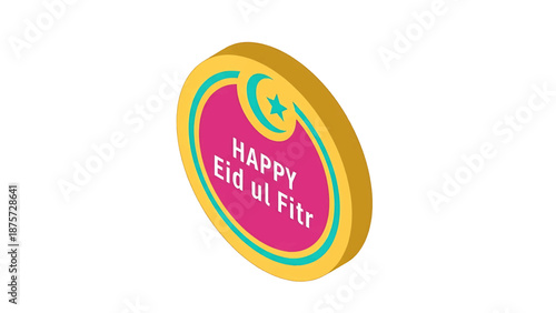 Eid ul Fitr Celebration Badge: An eye-catching badge design for the festive occasion of Eid ul Fitr, featuring the crescent moon and star symbol within a circle with the words of celebration. 