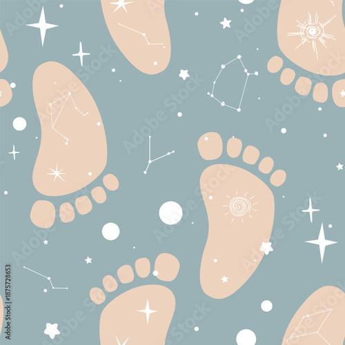 Seamless pattern with boho baby feet and space symbols. Baby footprints with galaxy stars imprints. Neutral beige pastel colors. Vector illustration background.