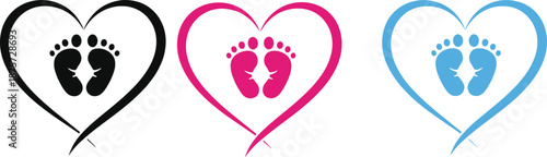 Three heart shapes with baby footprints in black pink and blue colors