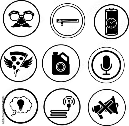Universal Glyph Vector Icons Set: Modern Technology, Food, Energy, and Conceptual Symbols including Idea Lightbulb, Muted Megaphone, and Flying Pizza.