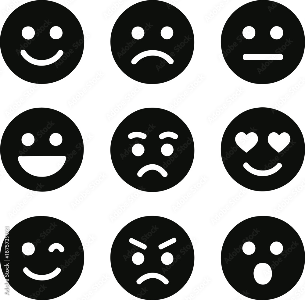 Fototapeta premium Emoticon Set Displaying Various Facial Expressions in Black and White