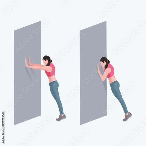 Flat vector illustration of a woman doing wall push-up exercise, showing proper body posture for home workout, fitness training, and healthy lifestyle concepts