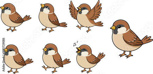 vector illustration of sparrow bird funny cute cartoon mascot character cartoon with 7 poses 