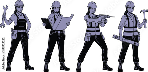 Construction worker illustrations in safety gear, holding wrench, drill, hammer, clipboard, blueprint, teamwork, engineering tools, labor diversity