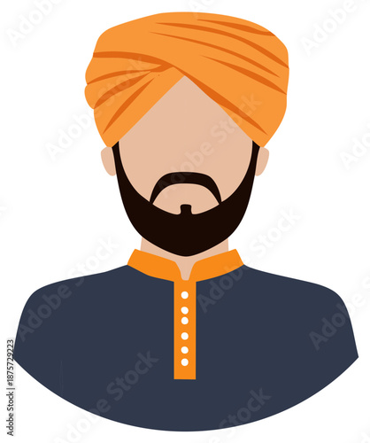 Faceless avatar of a bearded Indian man wearing a traditional orange turban and kurta shirt