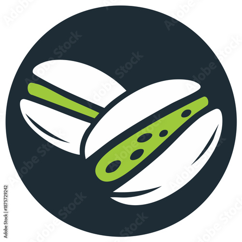 Two Pistachios on a Circular Background Showing Green Kernels and White Shells Food Design