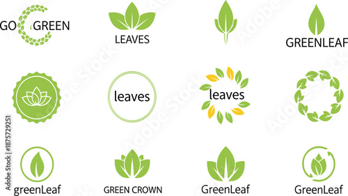 Green leaf logo collection, eco friendly nature icons, organic plant symbols, sustainable design, healthy lifestyle branding, natural energy graphics
